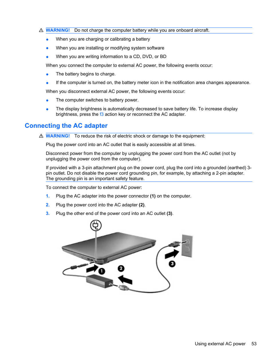 Connecting the ac adapter | HP Pavilion dm4-1018tx Entertainment Notebook PC User Manual | Page 63 / 119