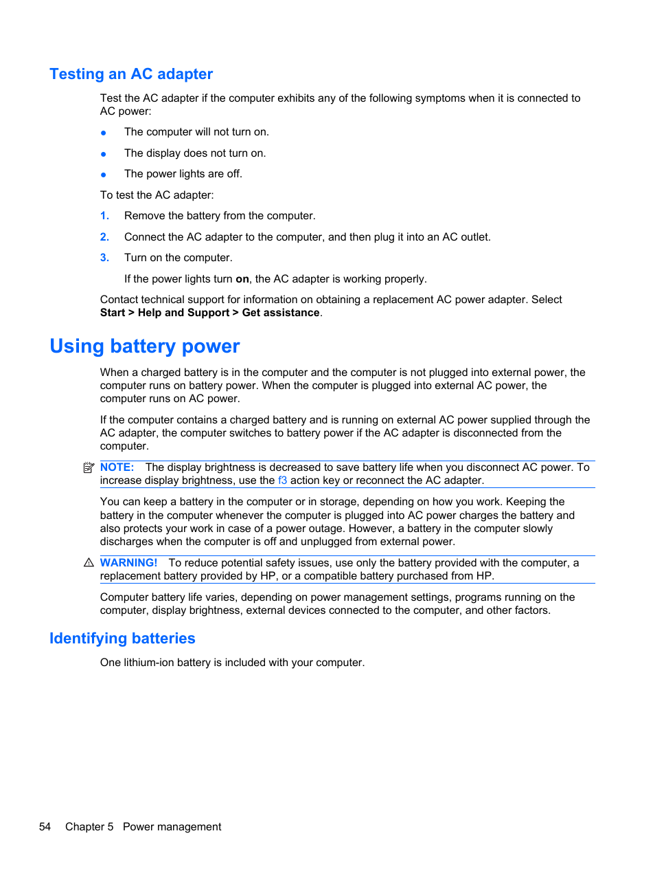 Testing an ac adapter, Using battery power, Identifying batteries | HP Pavilion dm4-1018tx Entertainment Notebook PC User Manual | Page 64 / 119