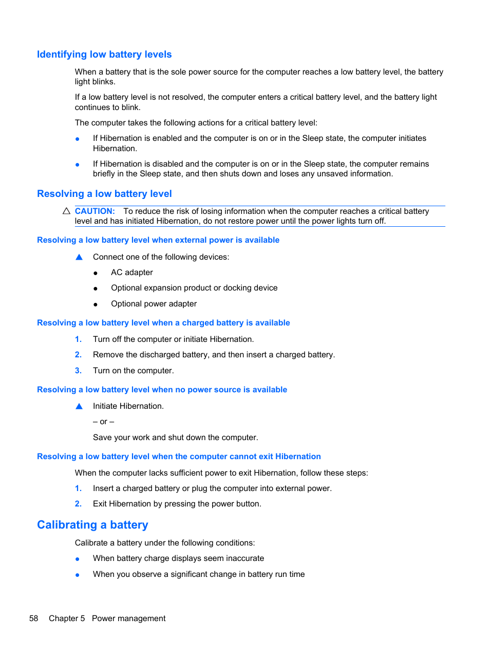 Identifying low battery levels, Resolving a low battery level, Calibrating a battery | HP Pavilion dm4-1018tx Entertainment Notebook PC User Manual | Page 68 / 119