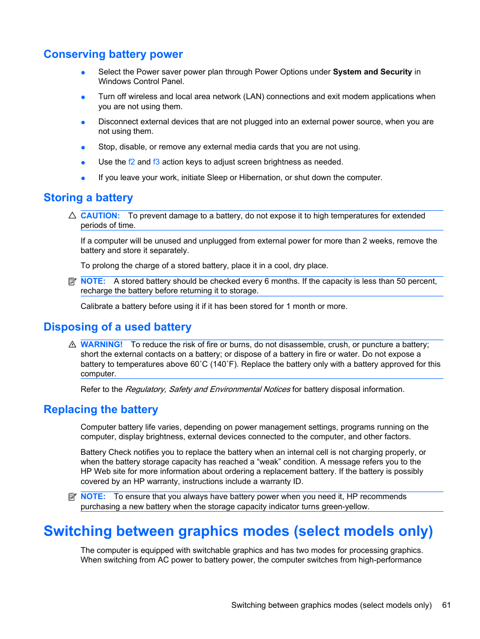Conserving battery power, Storing a battery, Disposing of a used battery | Replacing the battery | HP Pavilion dm4-1018tx Entertainment Notebook PC User Manual | Page 71 / 119