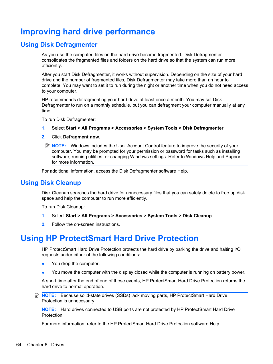 Improving hard drive performance, Using disk defragmenter, Using disk cleanup | Using hp protectsmart hard drive protection, Using disk defragmenter using disk cleanup | HP Pavilion dm4-1018tx Entertainment Notebook PC User Manual | Page 74 / 119