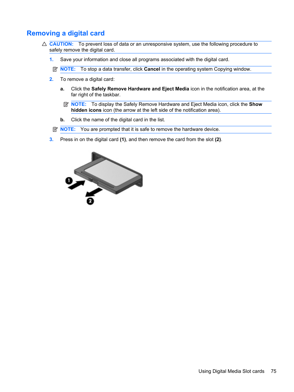 Removing a digital card | HP Pavilion dm4-1018tx Entertainment Notebook PC User Manual | Page 85 / 119
