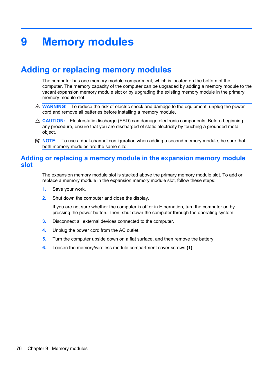Memory modules, Adding or replacing memory modules, 9 memory modules | HP Pavilion dm4-1018tx Entertainment Notebook PC User Manual | Page 86 / 119