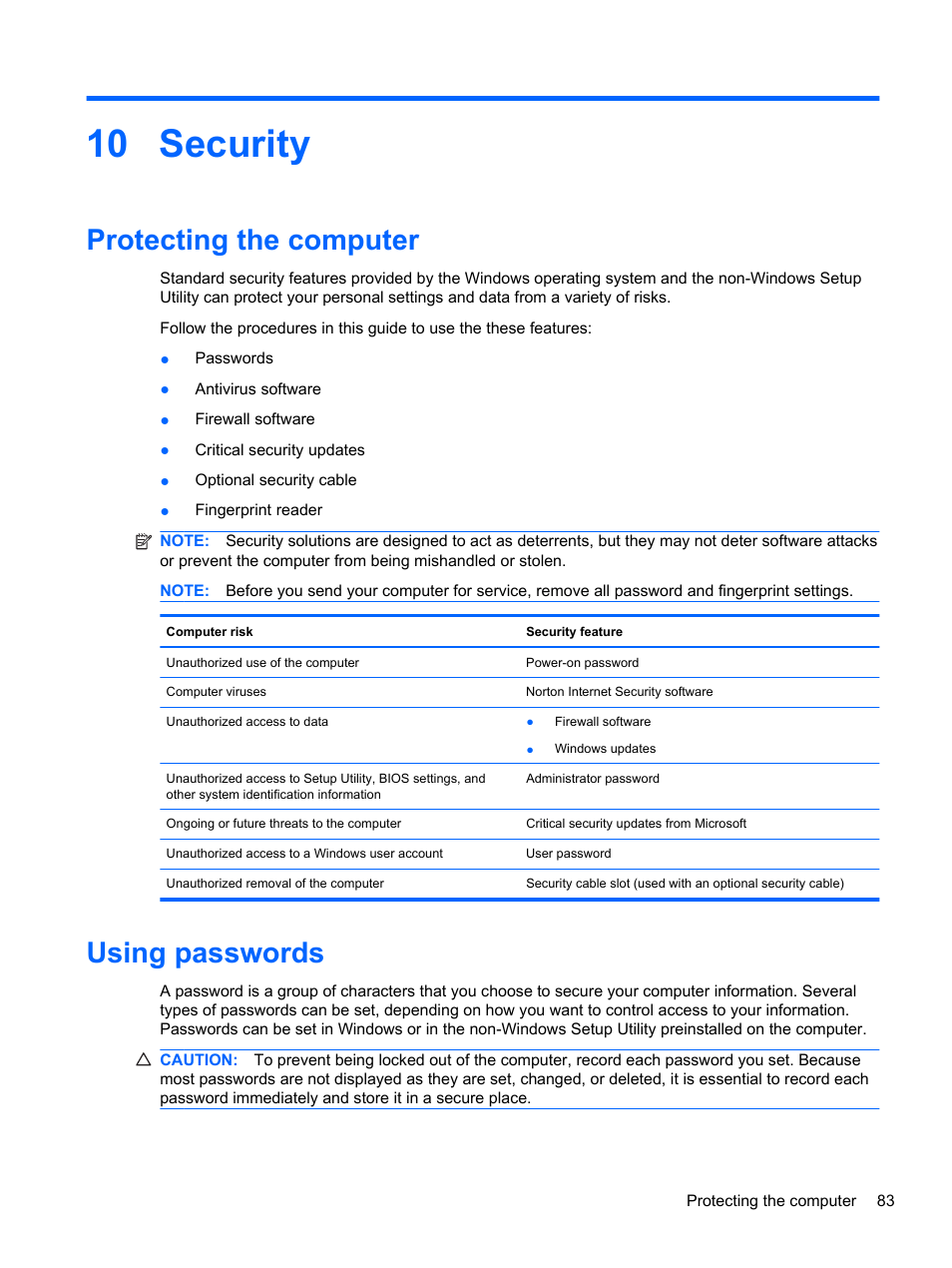 Security, Protecting the computer, Using passwords | 10 security, Protecting the computer using passwords | HP Pavilion dm4-1018tx Entertainment Notebook PC User Manual | Page 93 / 119