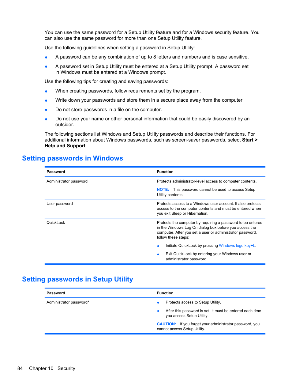 Setting passwords in windows, Setting passwords in setup utility | HP Pavilion dm4-1018tx Entertainment Notebook PC User Manual | Page 94 / 119