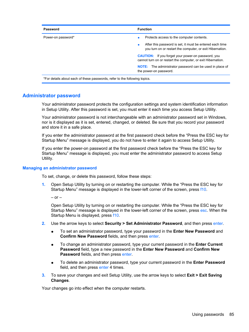 Administrator password, Managing an administrator password | HP Pavilion dm4-1018tx Entertainment Notebook PC User Manual | Page 95 / 119