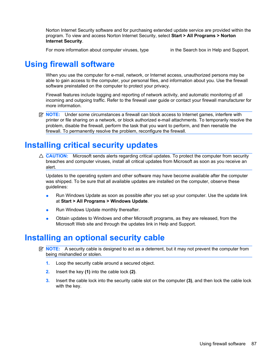 Using firewall software, Installing critical security updates, Installing an optional security cable | HP Pavilion dm4-1018tx Entertainment Notebook PC User Manual | Page 97 / 119