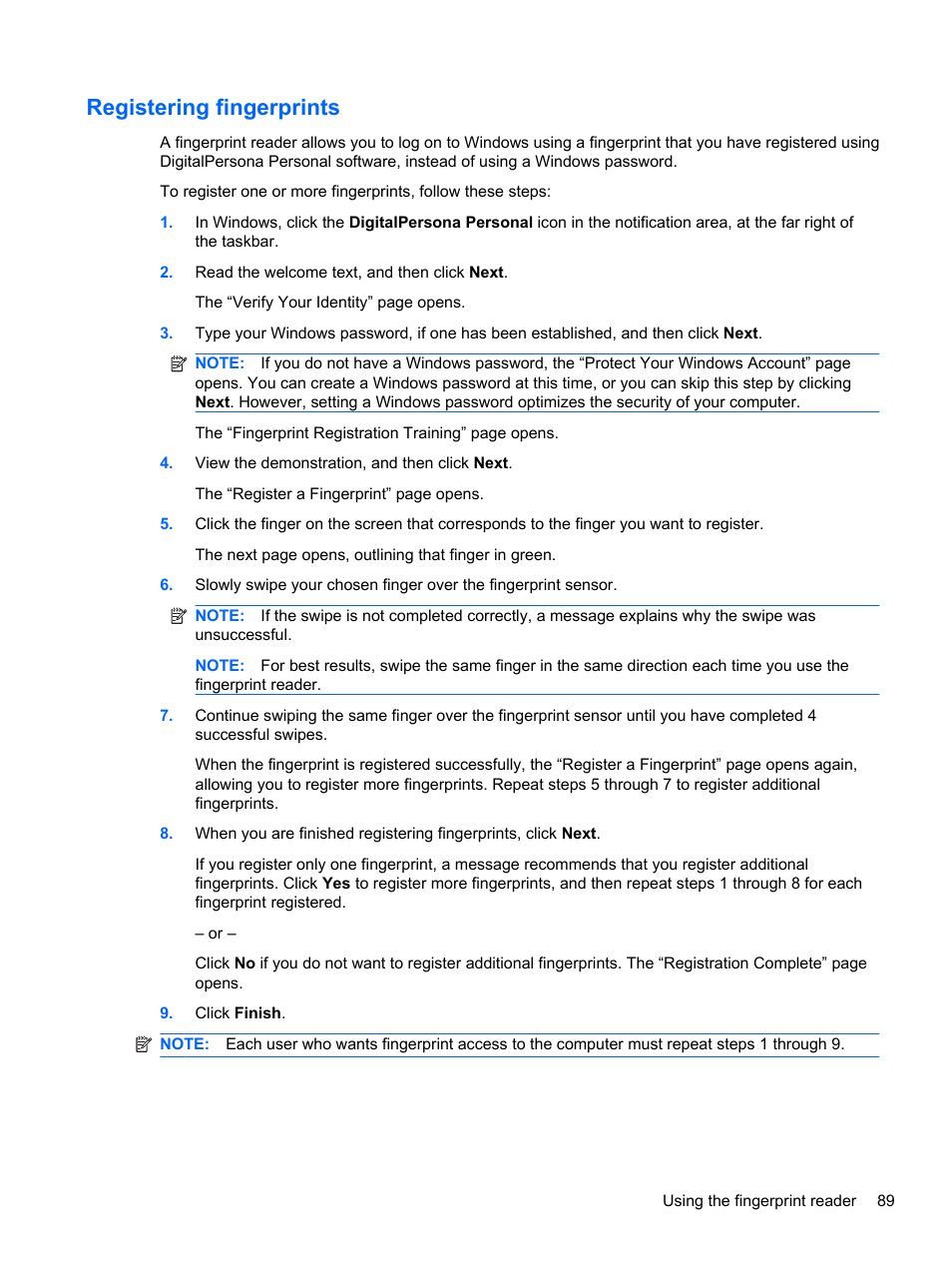 Registering fingerprints | HP Pavilion dm4-1018tx Entertainment Notebook PC User Manual | Page 99 / 119