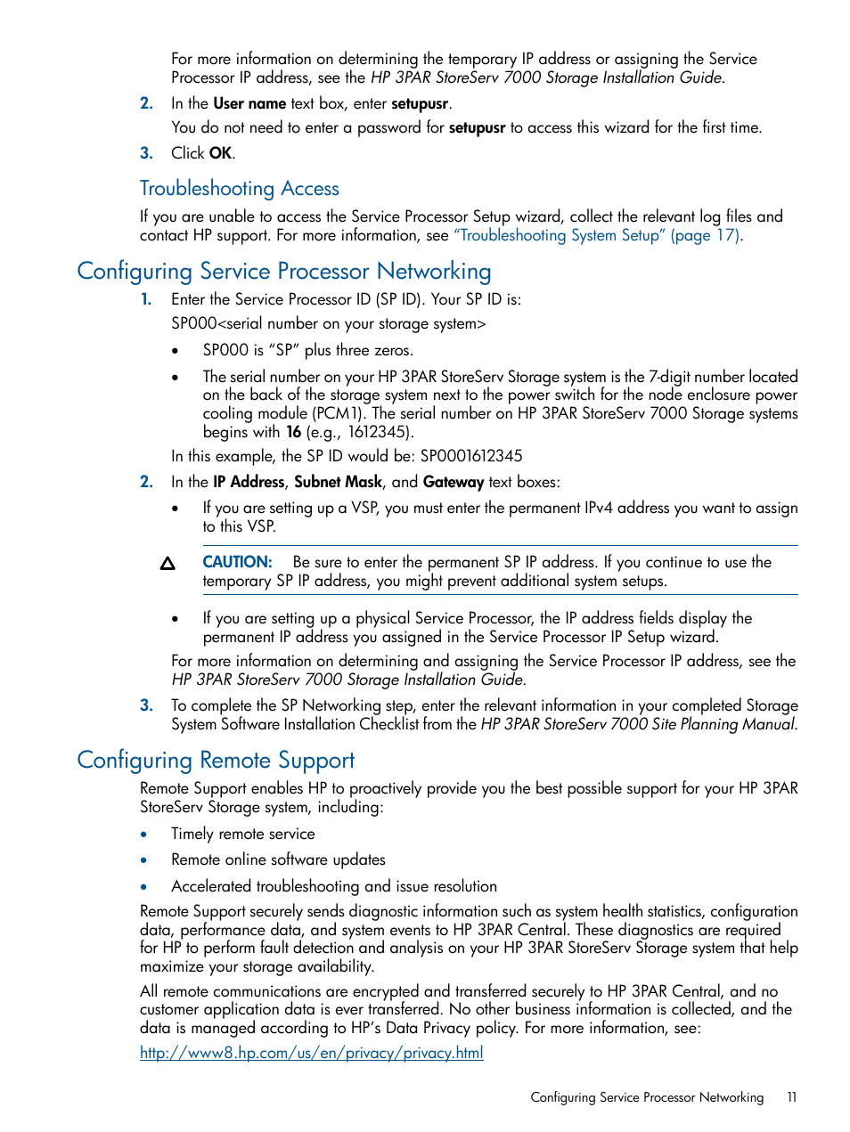 Configuring service processor networking, Configuring remote support, Troubleshooting access | HP 3PAR StoreServ 7000 Storage User Manual | Page 11 / 59