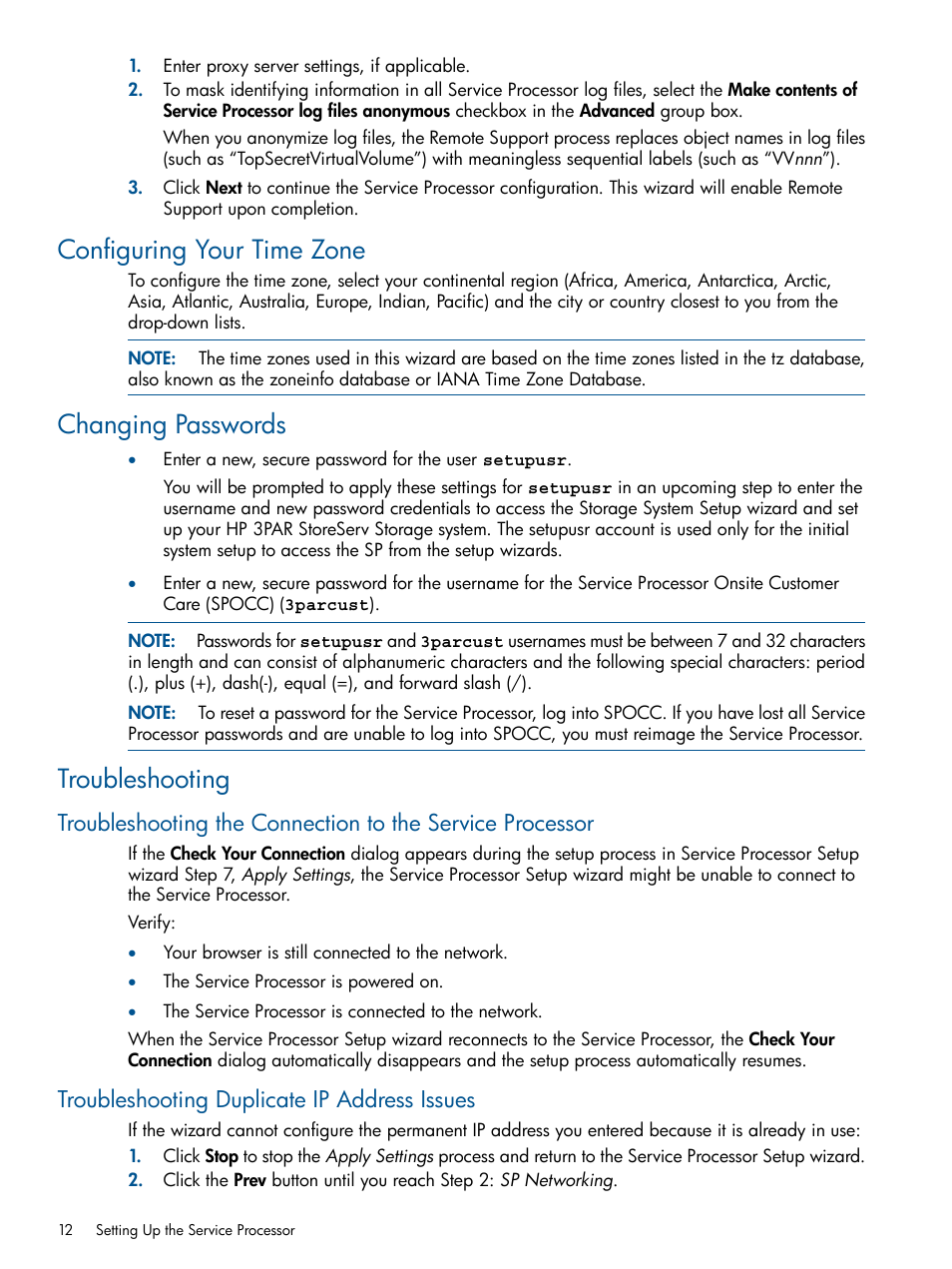 Configuring your time zone, Changing passwords, Troubleshooting | Troubleshooting duplicate ip address issues | HP 3PAR StoreServ 7000 Storage User Manual | Page 12 / 59