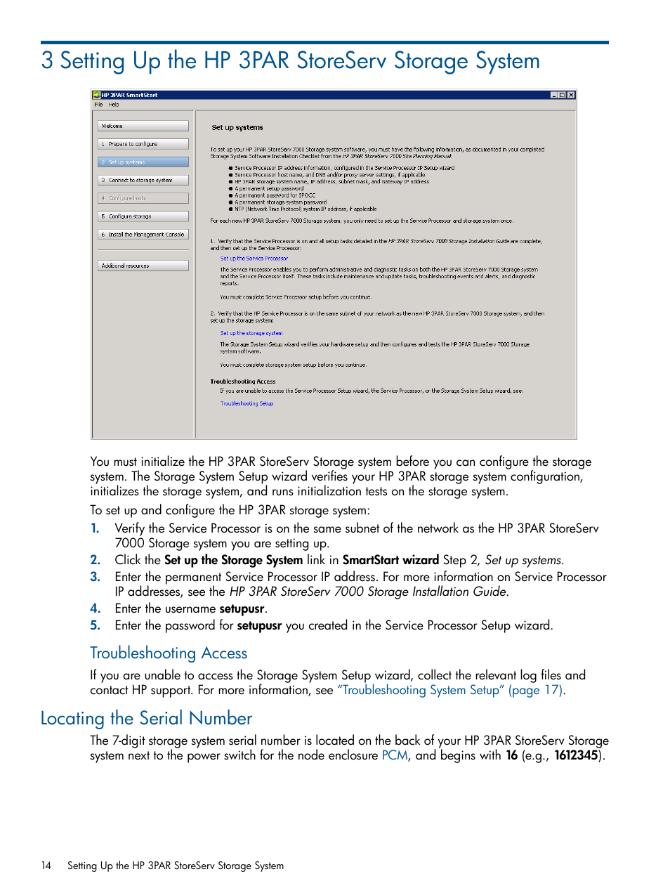 3 setting up the hp 3par storeserv storage system, Locating the serial number, Troubleshooting access | HP 3PAR StoreServ 7000 Storage User Manual | Page 14 / 59