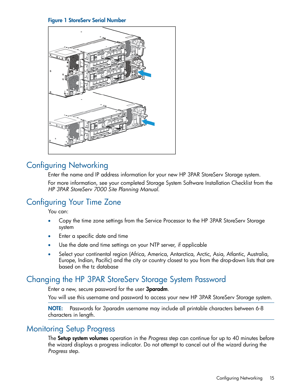 Configuring networking, Configuring your time zone, Monitoring setup progress | HP 3PAR StoreServ 7000 Storage User Manual | Page 15 / 59