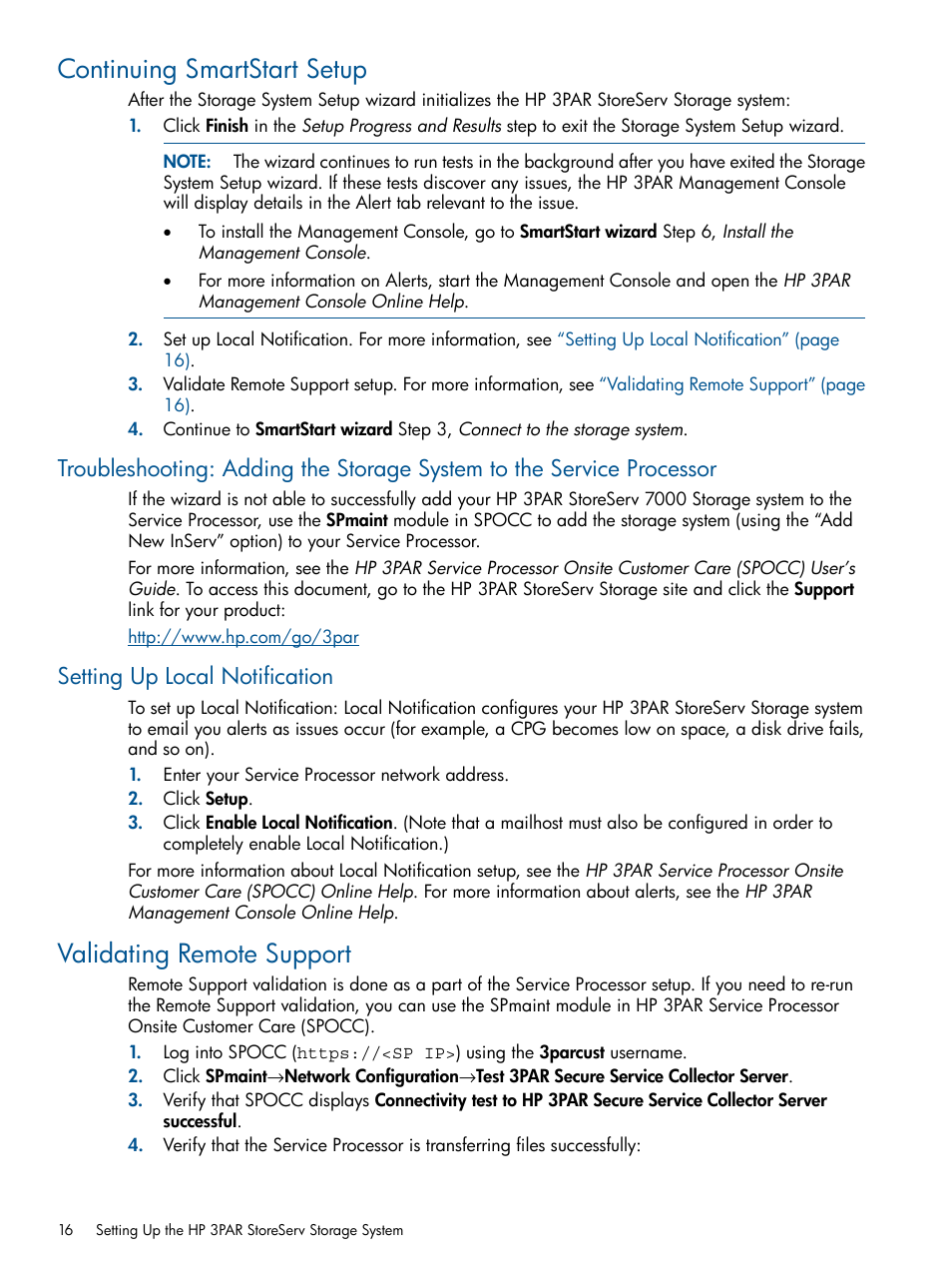 Continuing smartstart setup, Setting up local notification, Validating remote support | HP 3PAR StoreServ 7000 Storage User Manual | Page 16 / 59