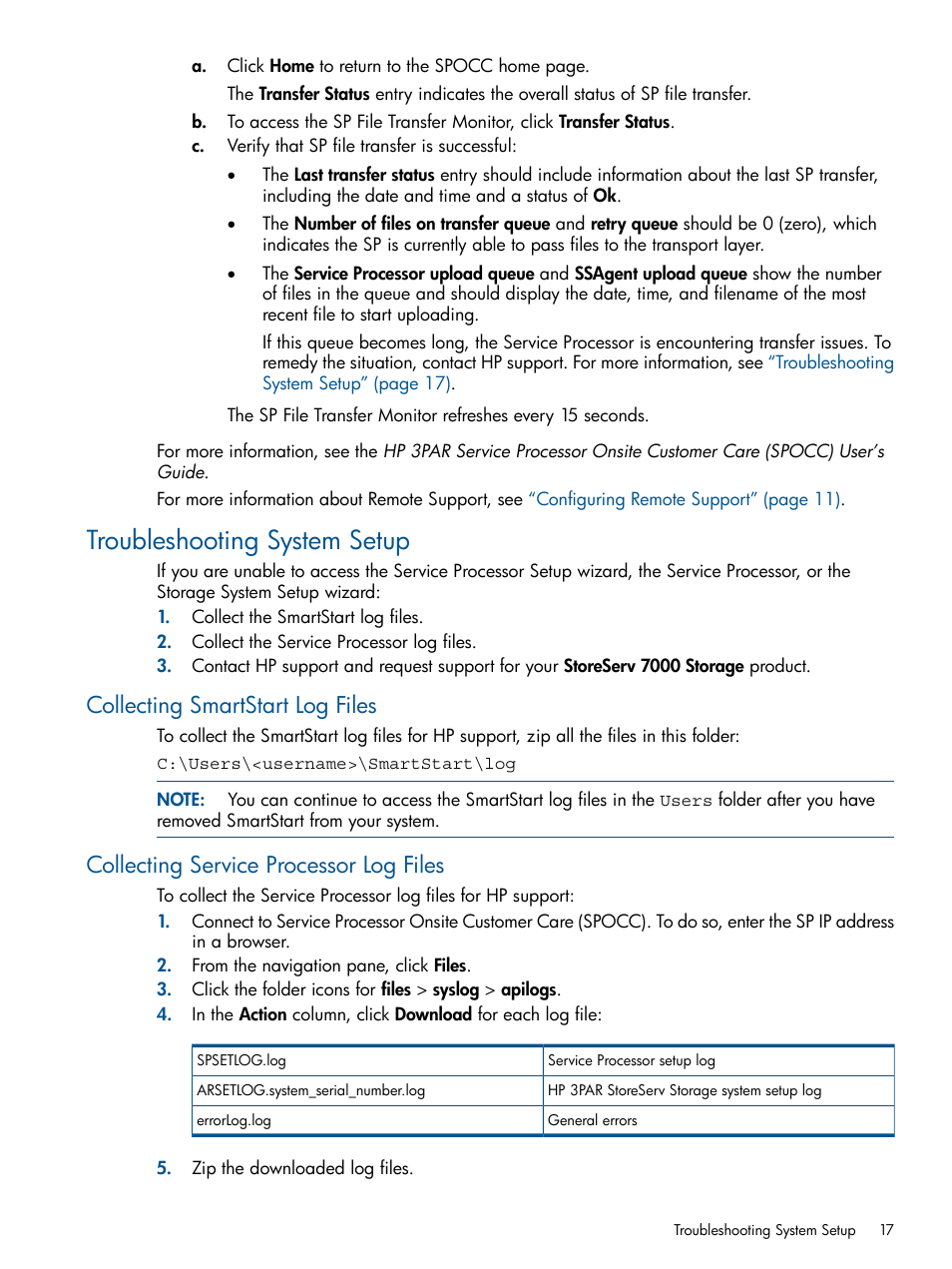 Troubleshooting system setup, Collecting smartstart log files, Collecting service processor log files | HP 3PAR StoreServ 7000 Storage User Manual | Page 17 / 59