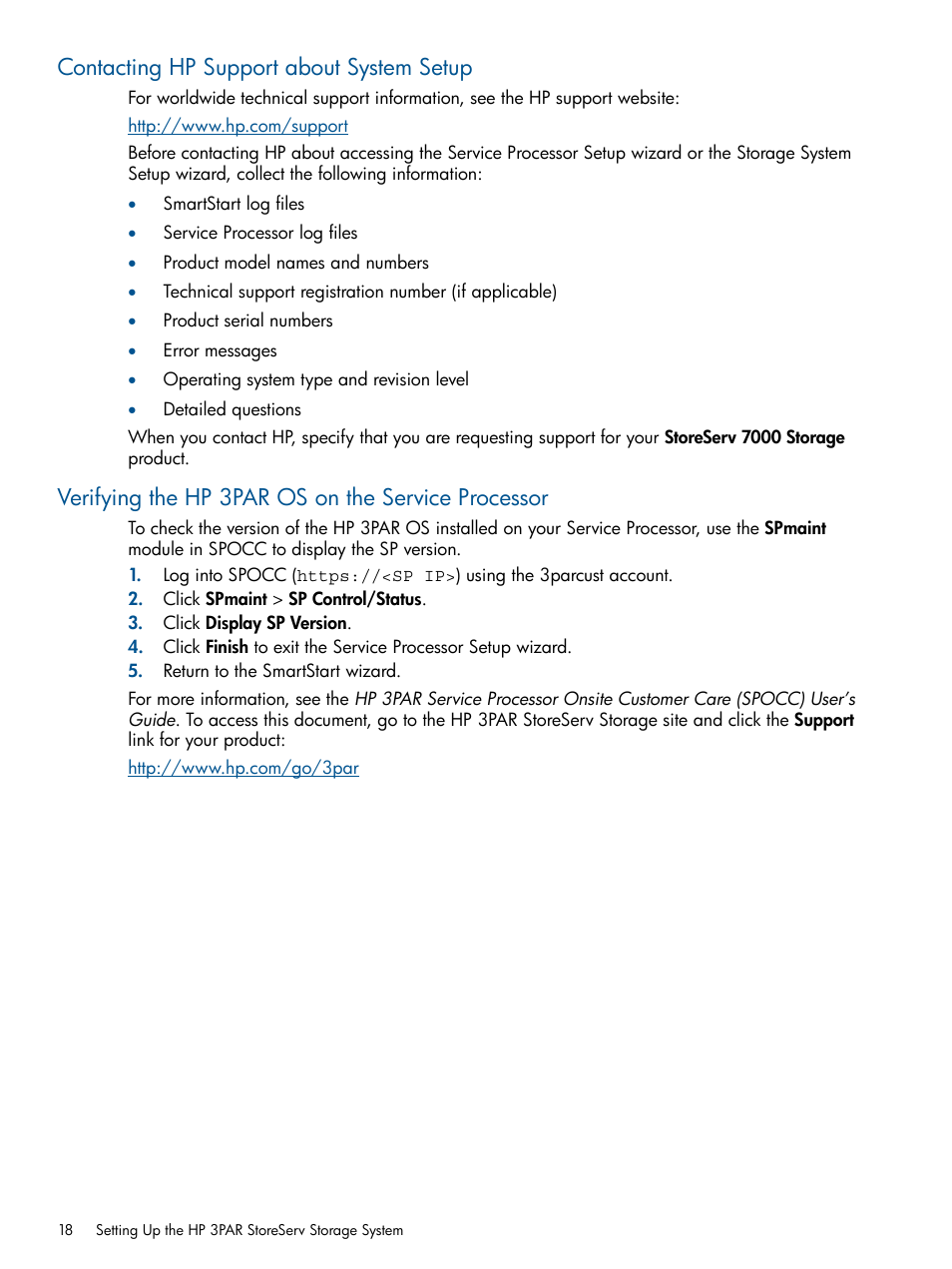 Contacting hp support about system setup, Verifying the hp 3par os on the service processor | HP 3PAR StoreServ 7000 Storage User Manual | Page 18 / 59