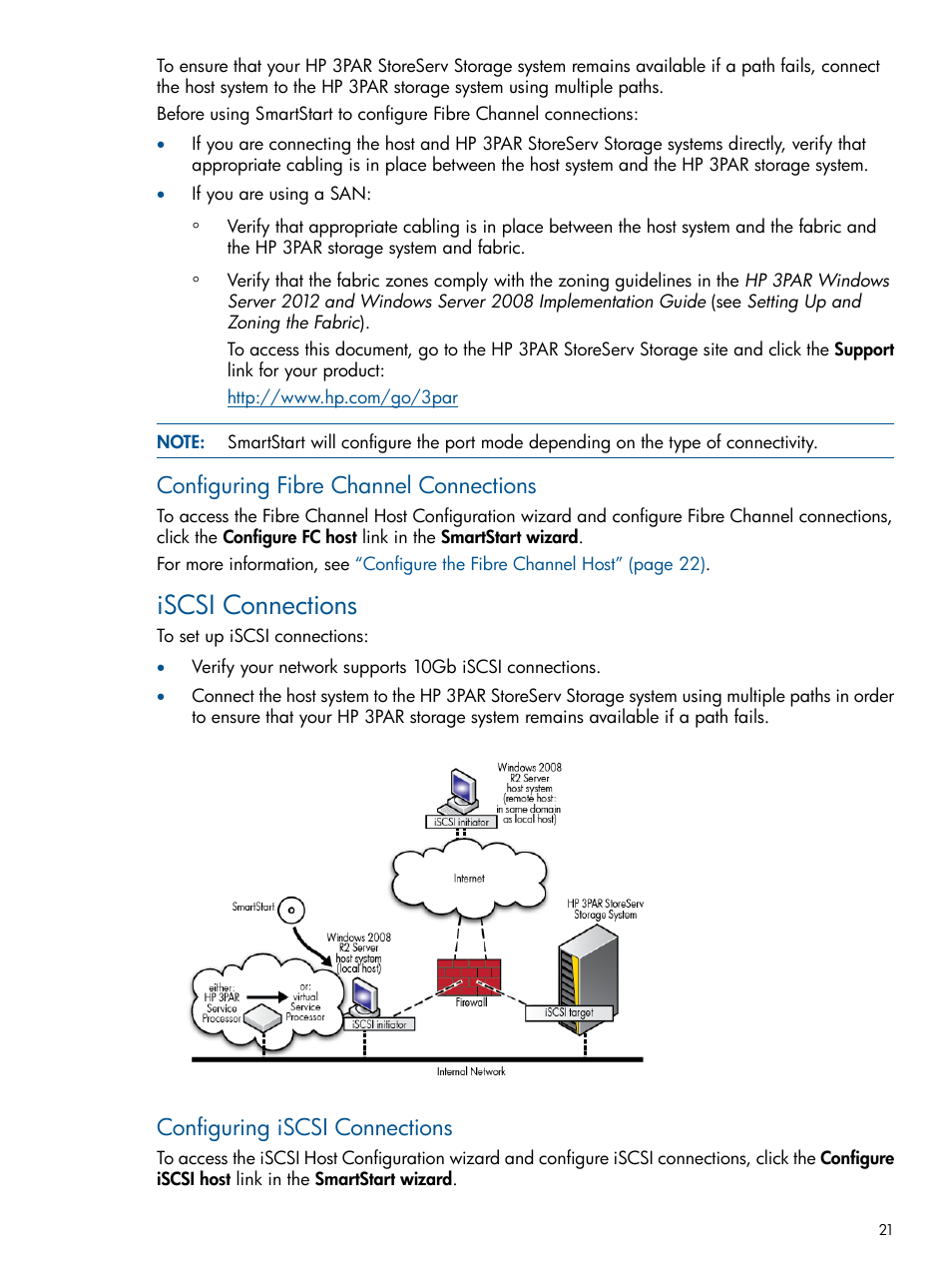 Iscsi connections, Configuring fibre channel connections, Configuring iscsi connections | HP 3PAR StoreServ 7000 Storage User Manual | Page 21 / 59