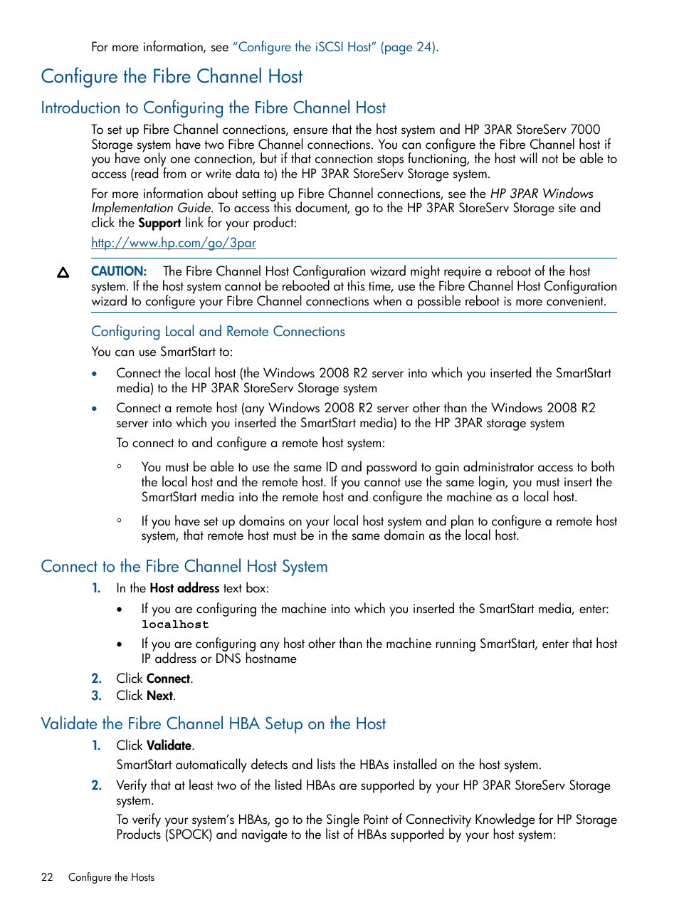 Configure the fibre channel host, Introduction to configuring the fibre channel host, Connect to the fibre channel host system | Validate the fibre channel hba setup on the host | HP 3PAR StoreServ 7000 Storage User Manual | Page 22 / 59