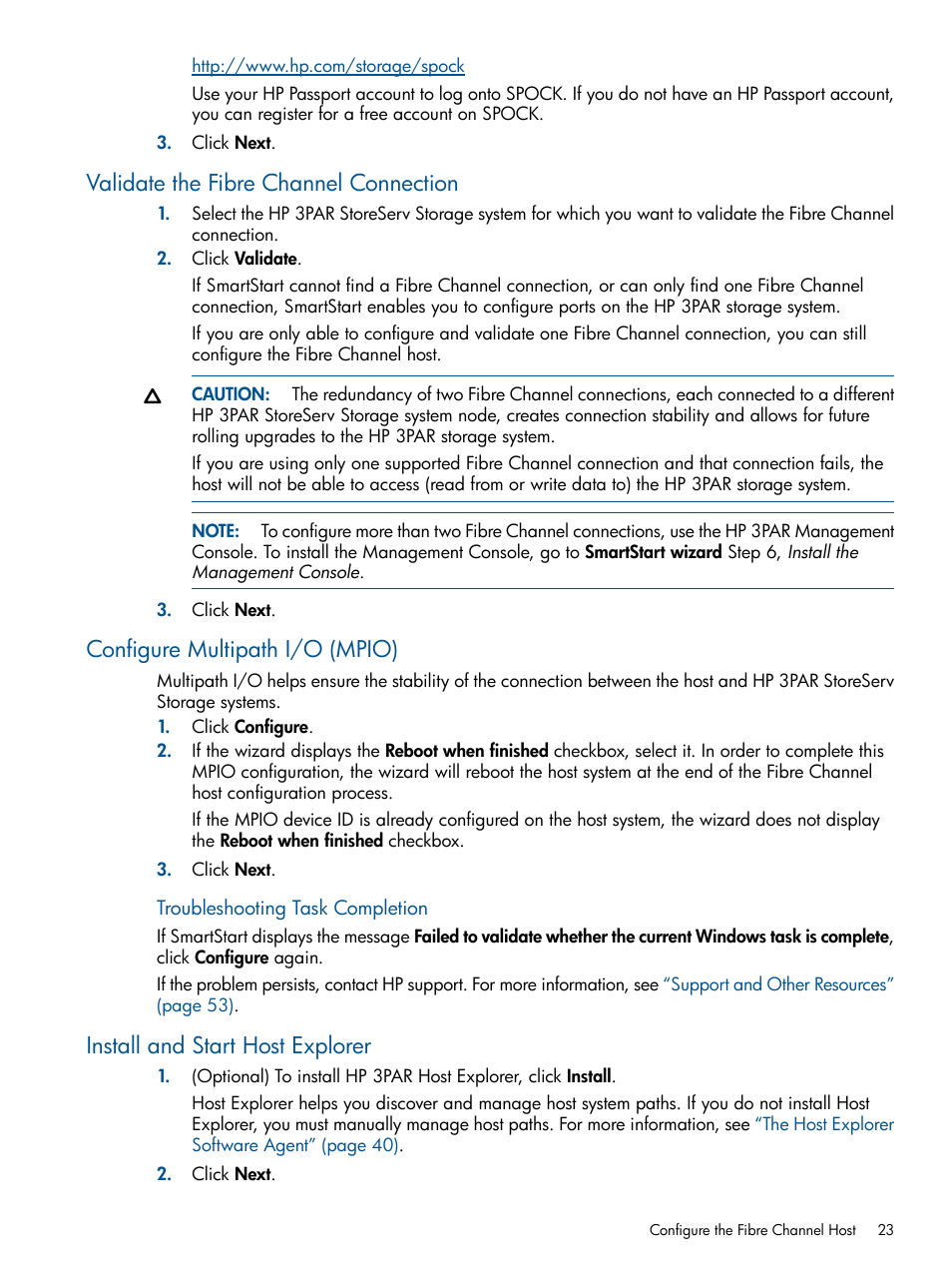 Validate the fibre channel connection, Configure multipath i/o (mpio), Install and start host explorer | HP 3PAR StoreServ 7000 Storage User Manual | Page 23 / 59