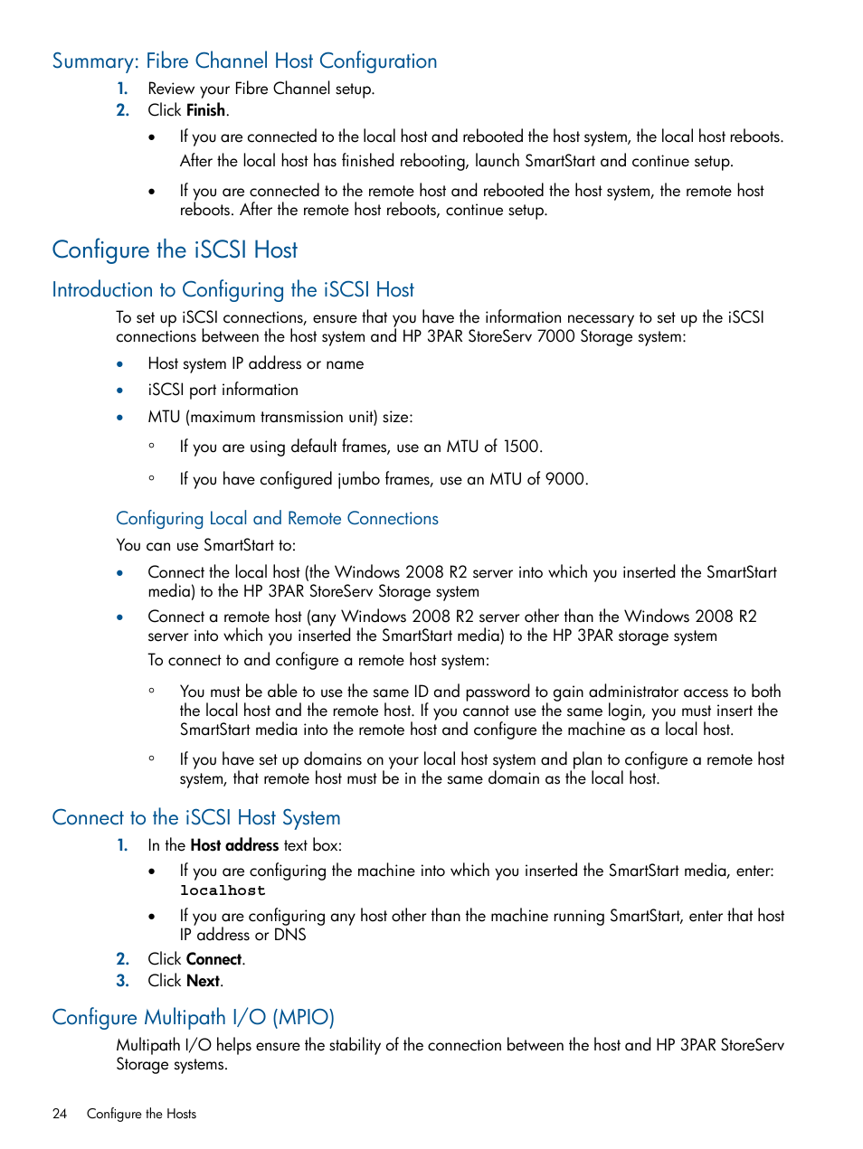 Summary: fibre channel host configuration, Configure the iscsi host, Introduction to configuring the iscsi host | Connect to the iscsi host system, Configure multipath i/o (mpio) | HP 3PAR StoreServ 7000 Storage User Manual | Page 24 / 59