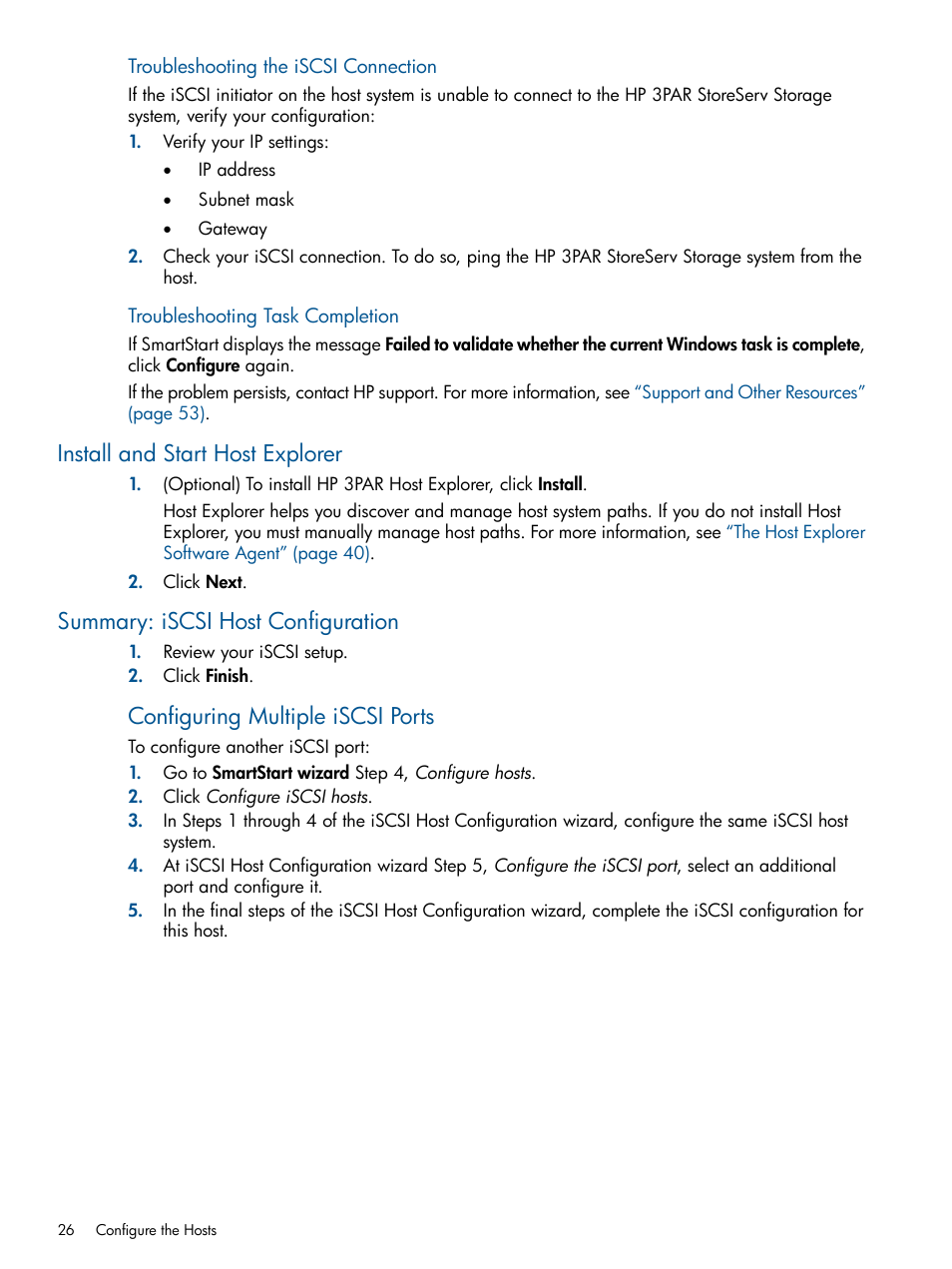 Install and start host explorer, Summary: iscsi host configuration, Configuring multiple iscsi ports | HP 3PAR StoreServ 7000 Storage User Manual | Page 26 / 59