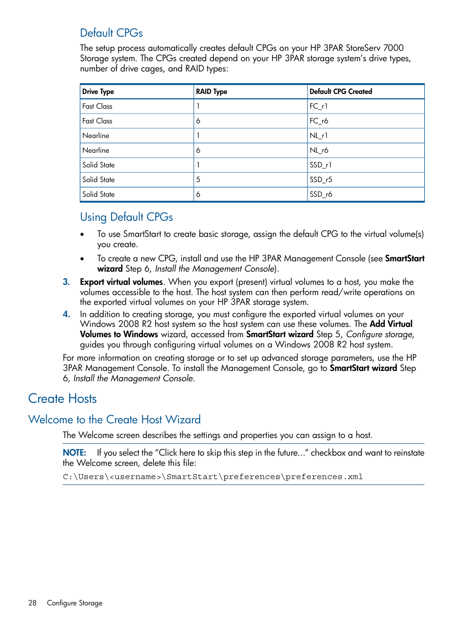 Create hosts, Welcome to the create host wizard, Default cpgs | Using default cpgs | HP 3PAR StoreServ 7000 Storage User Manual | Page 28 / 59