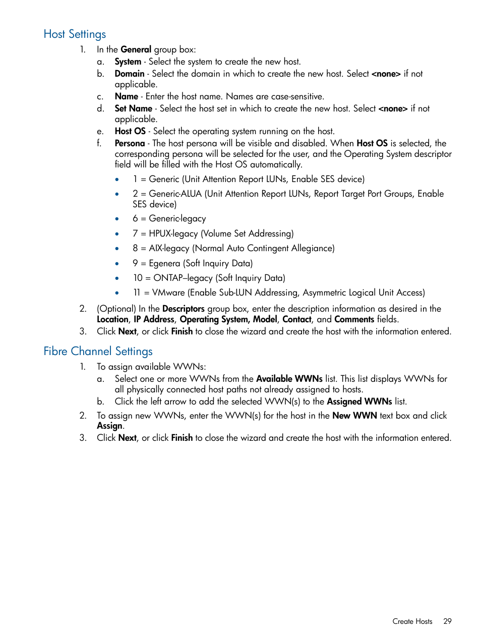Host settings, Fibre channel settings, Host settings fibre channel settings | HP 3PAR StoreServ 7000 Storage User Manual | Page 29 / 59