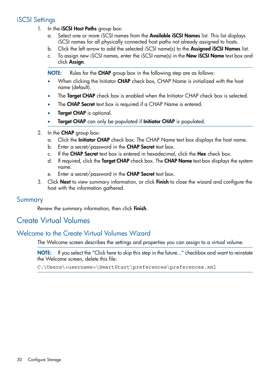 Iscsi settings, Summary, Create virtual volumes | Welcome to the create virtual volumes wizard, Iscsi settings summary | HP 3PAR StoreServ 7000 Storage User Manual | Page 30 / 59