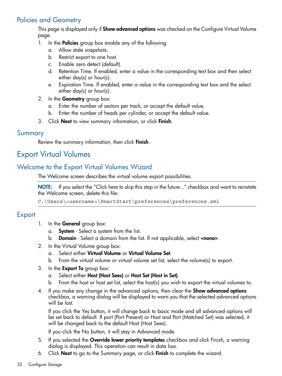 Policies and geometry, Summary, Export virtual volumes | Welcome to the export virtual volumes wizard, Export, Policies and geometry summary | HP 3PAR StoreServ 7000 Storage User Manual | Page 32 / 59