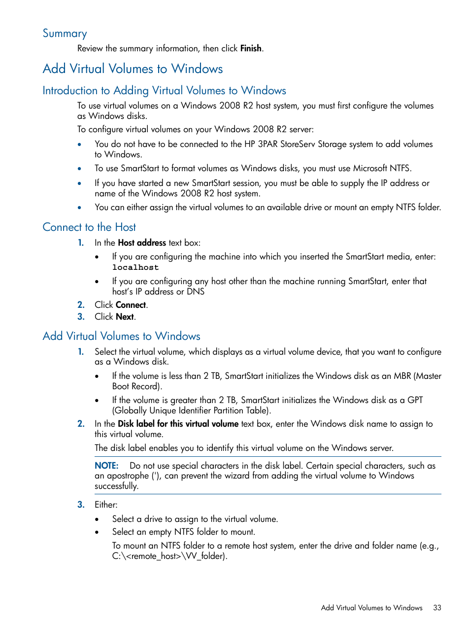 Summary, Add virtual volumes to windows, Introduction to adding virtual volumes to windows | Connect to the host | HP 3PAR StoreServ 7000 Storage User Manual | Page 33 / 59