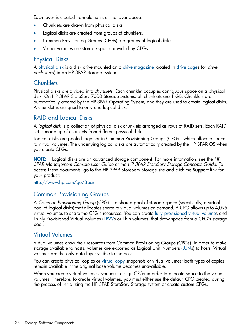 Physical disks, Chunklets, Raid and logical disks | Common provisioning groups, Virtual volumes | HP 3PAR StoreServ 7000 Storage User Manual | Page 38 / 59