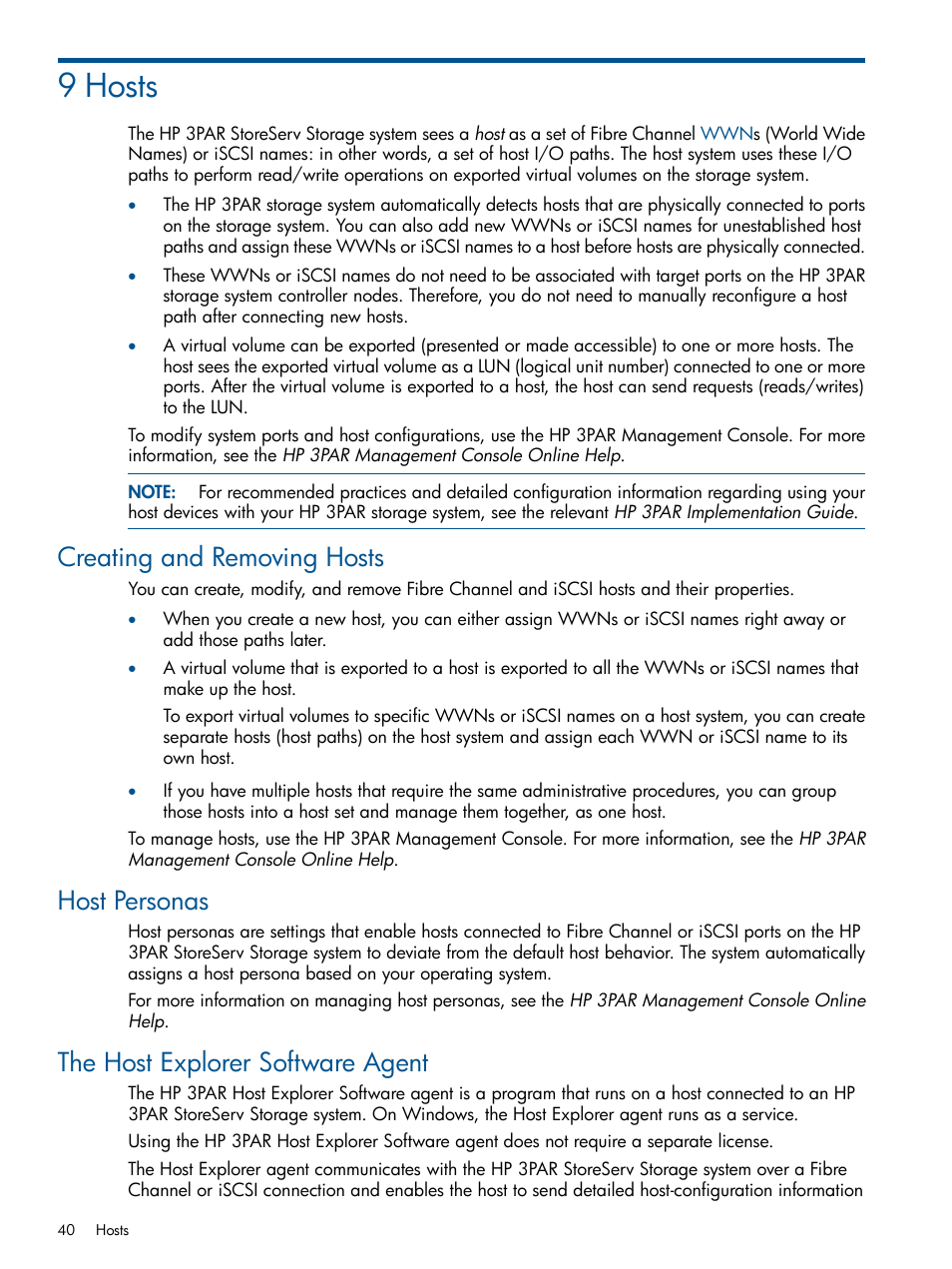 9 hosts, Creating and removing hosts, Host personas | The host explorer software agent, The host explorer | HP 3PAR StoreServ 7000 Storage User Manual | Page 40 / 59