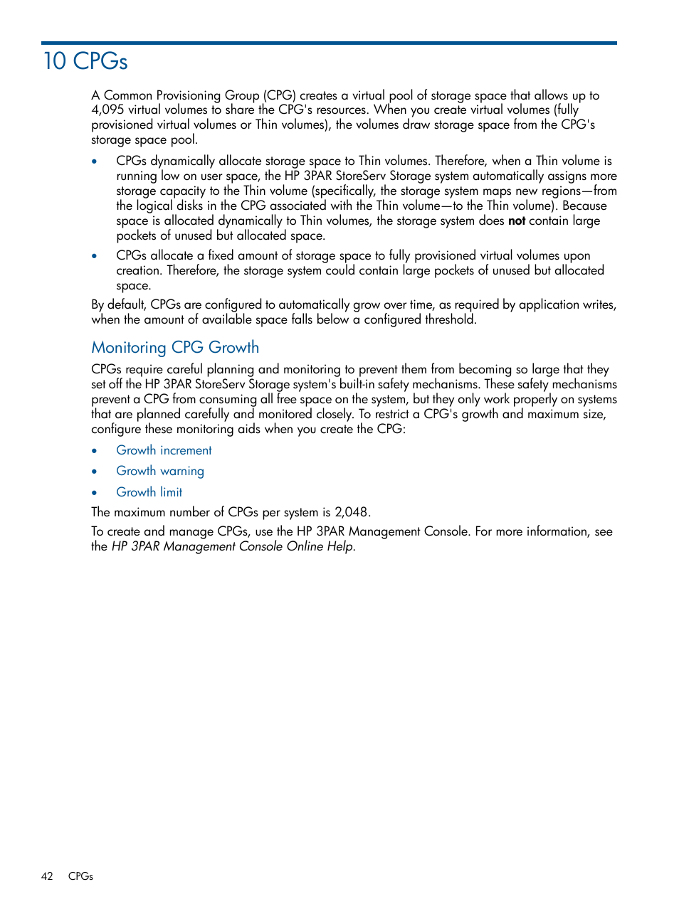 10 cpgs, Monitoring cpg growth | HP 3PAR StoreServ 7000 Storage User Manual | Page 42 / 59