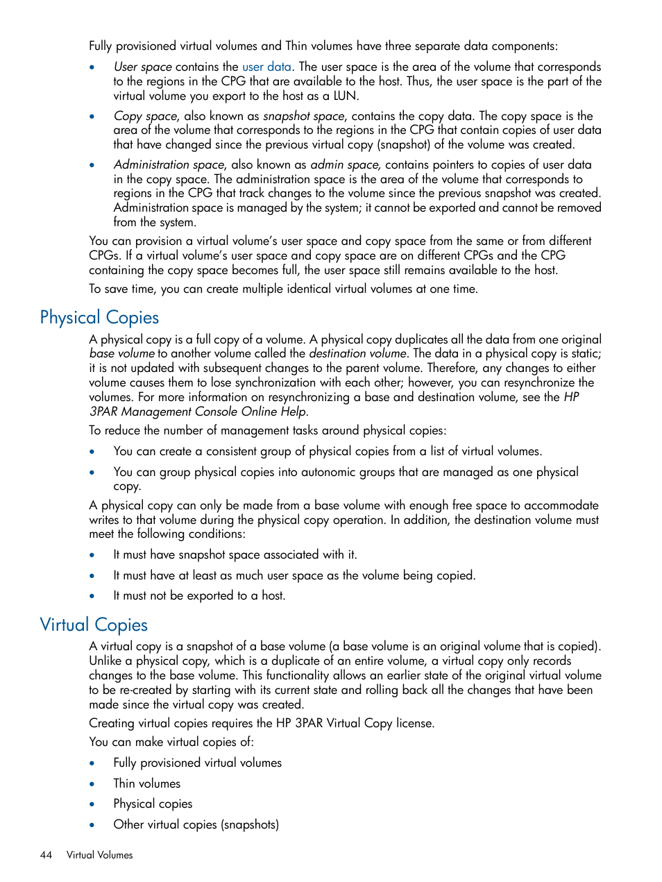 Physical copies, Virtual copies, Physical copies virtual copies | HP 3PAR StoreServ 7000 Storage User Manual | Page 44 / 59