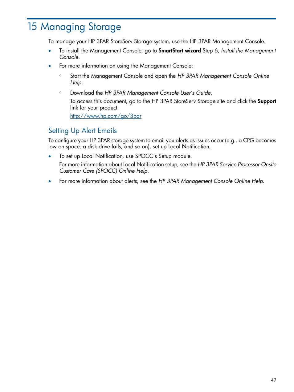 15 managing storage, Setting up alert emails | HP 3PAR StoreServ 7000 Storage User Manual | Page 49 / 59