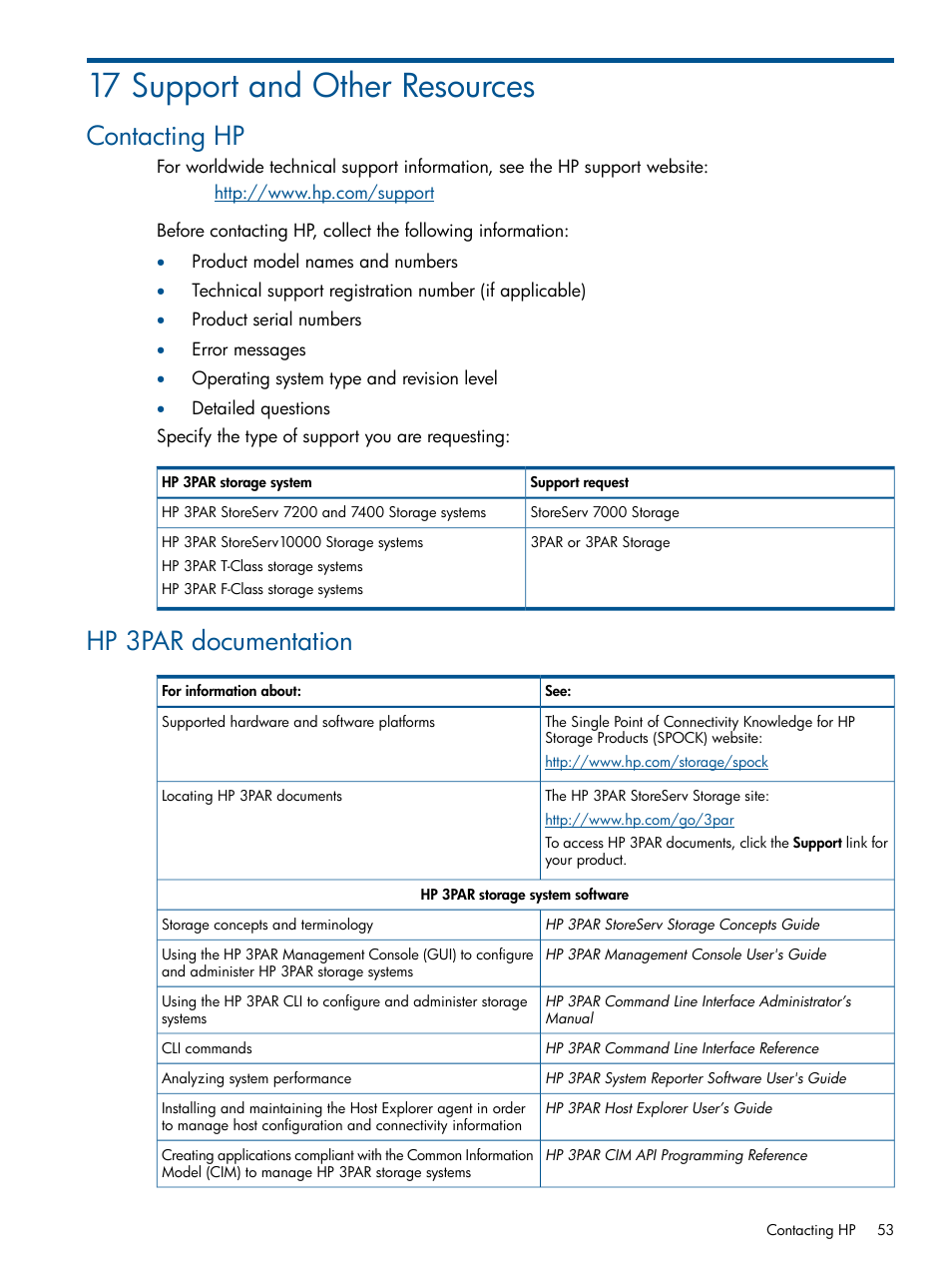 17 support and other resources, Contacting hp, Hp 3par documentation | Contacting hp hp 3par documentation, Support and other resources | HP 3PAR StoreServ 7000 Storage User Manual | Page 53 / 59