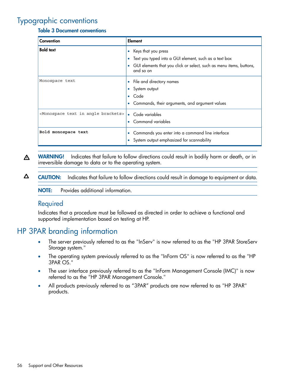 Typographic conventions, Hp 3par branding information, Required | HP 3PAR StoreServ 7000 Storage User Manual | Page 56 / 59