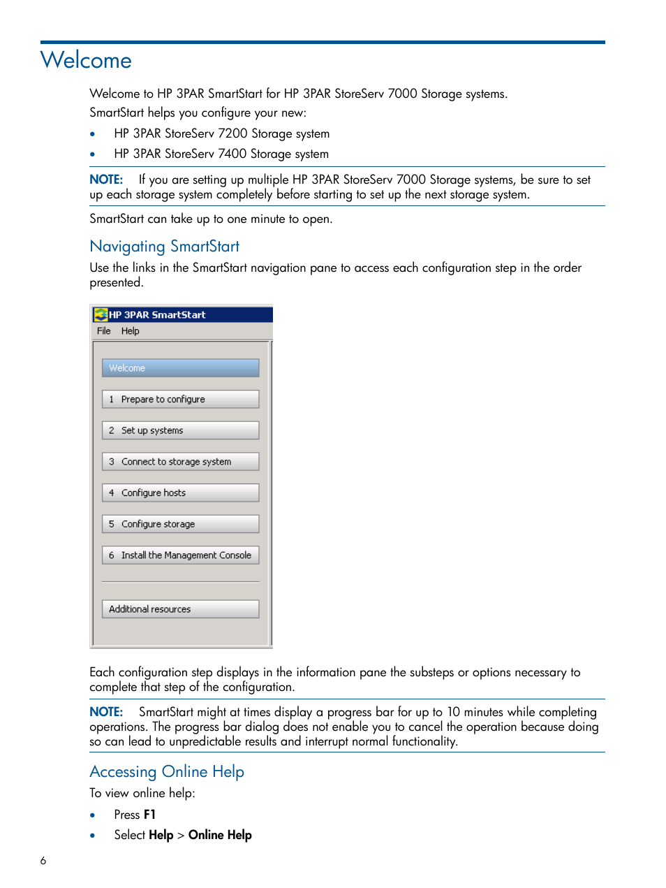 Welcome, Navigating smartstart, Accessing online help | HP 3PAR StoreServ 7000 Storage User Manual | Page 6 / 59