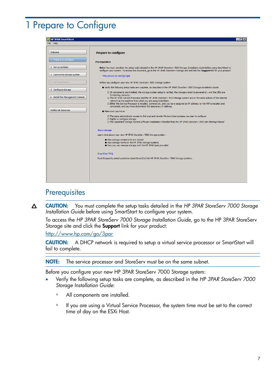 1 prepare to configure, Prerequisites | HP 3PAR StoreServ 7000 Storage User Manual | Page 7 / 59