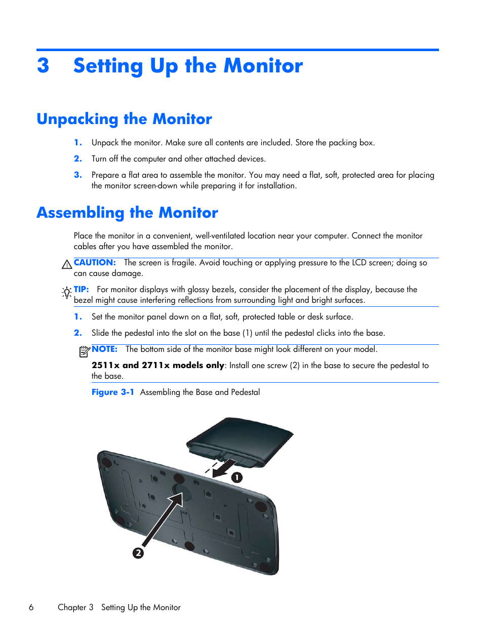 Setting up the monitor, Unpacking the monitor, Assembling the monitor | 3 setting up the monitor, Unpacking the monitor assembling the monitor | HP 2011x 20-inch LED Backlit LCD Monitor User Manual | Page 12 / 42