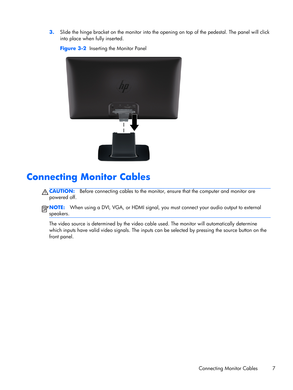 Connecting monitor cables | HP 2011x 20-inch LED Backlit LCD Monitor User Manual | Page 13 / 42