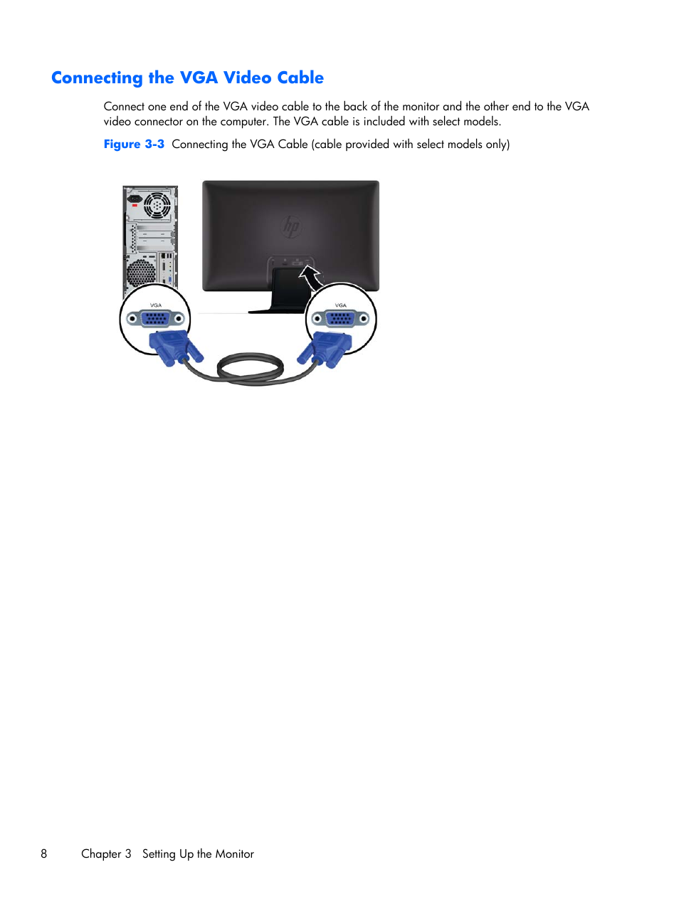 Connecting the vga video cable | HP 2011x 20-inch LED Backlit LCD Monitor User Manual | Page 14 / 42