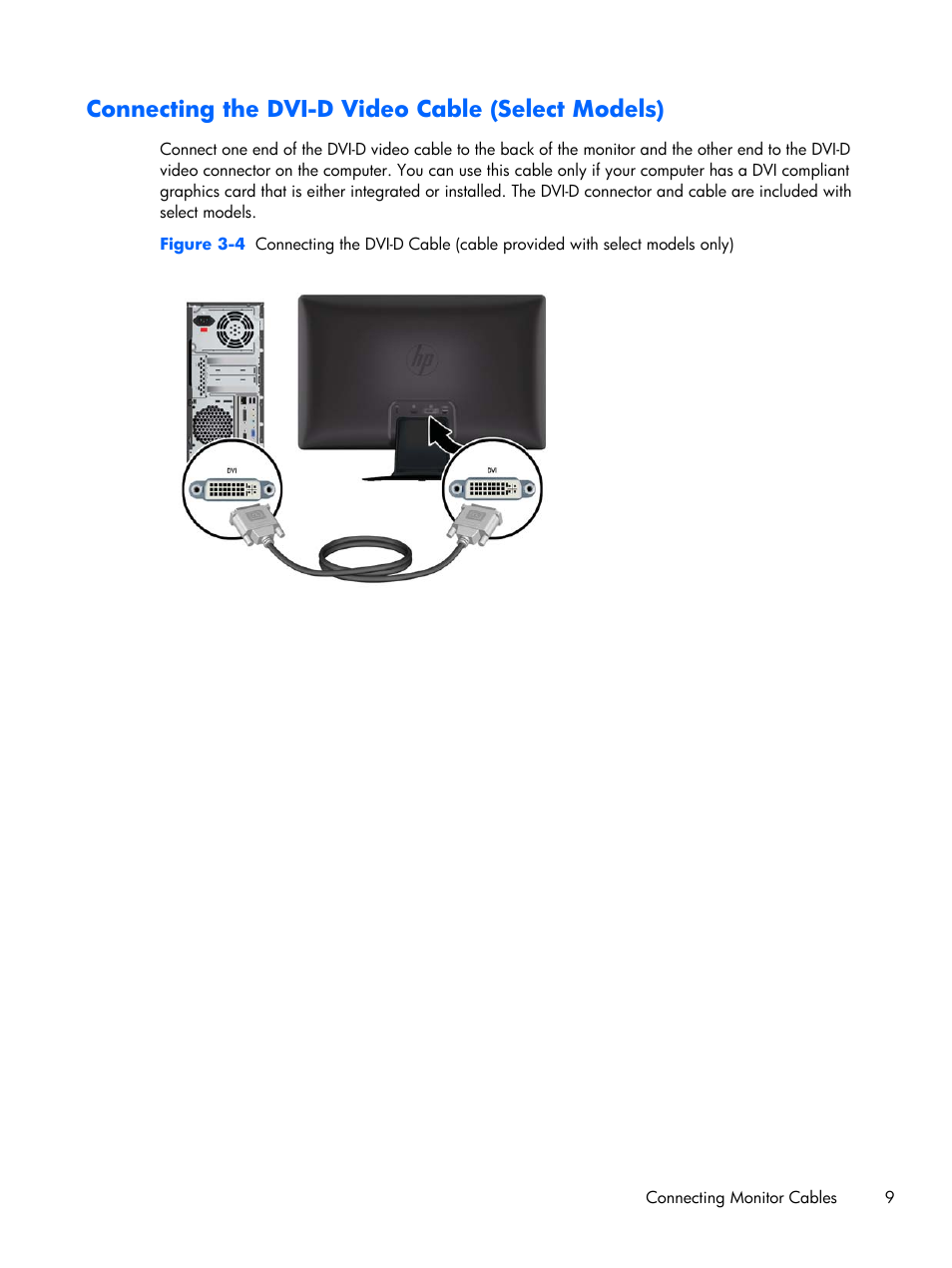 Connecting the dvi-d video cable (select models) | HP 2011x 20-inch LED Backlit LCD Monitor User Manual | Page 15 / 42