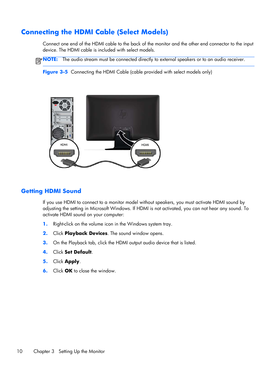 Connecting the hdmi cable (select models), Getting hdmi sound | HP 2011x 20-inch LED Backlit LCD Monitor User Manual | Page 16 / 42