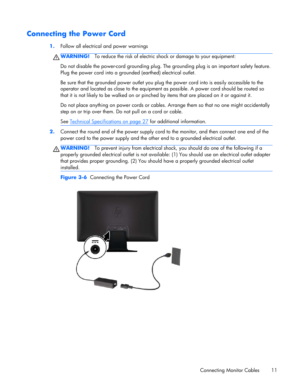Connecting the power cord | HP 2011x 20-inch LED Backlit LCD Monitor User Manual | Page 17 / 42