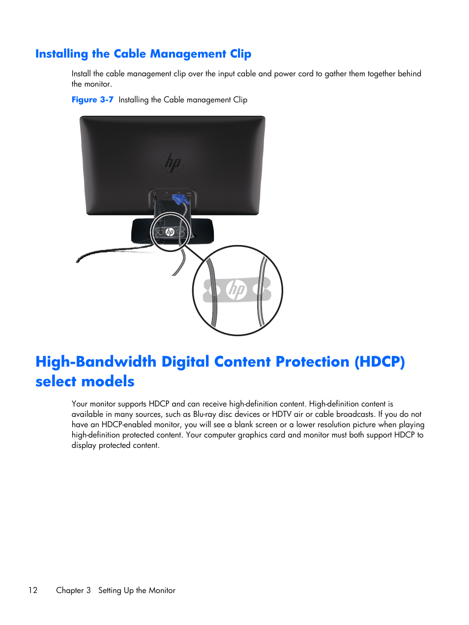 Installing the cable management clip | HP 2011x 20-inch LED Backlit LCD Monitor User Manual | Page 18 / 42