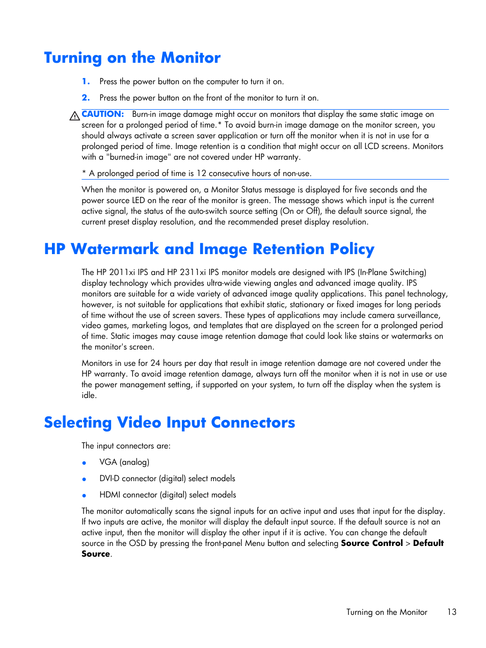 Turning on the monitor, Hp watermark and image retention policy, Selecting video input connectors | HP 2011x 20-inch LED Backlit LCD Monitor User Manual | Page 19 / 42