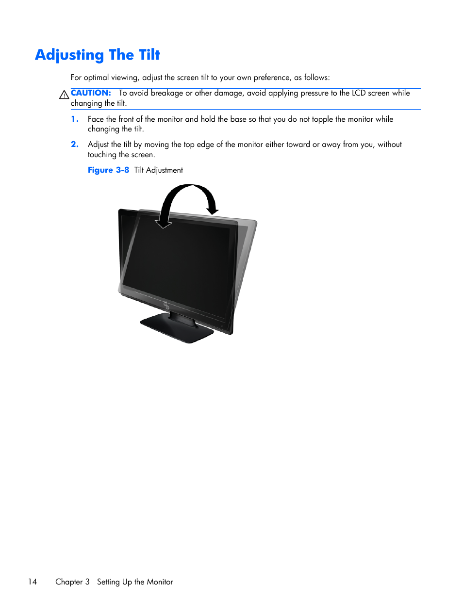 Adjusting the tilt | HP 2011x 20-inch LED Backlit LCD Monitor User Manual | Page 20 / 42