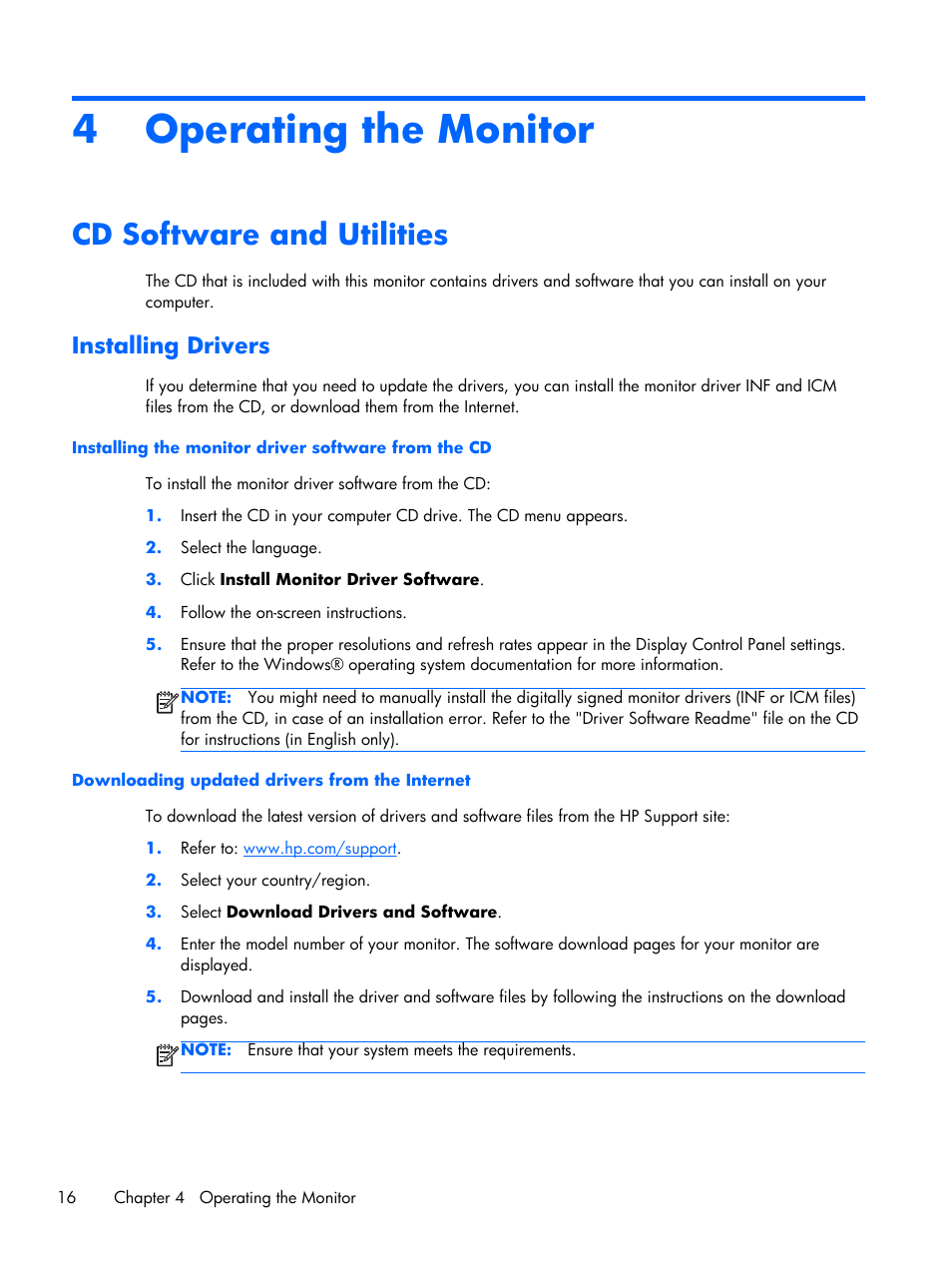 Operating the monitor, Cd software and utilities, Installing drivers | 4 operating the monitor | HP 2011x 20-inch LED Backlit LCD Monitor User Manual | Page 22 / 42