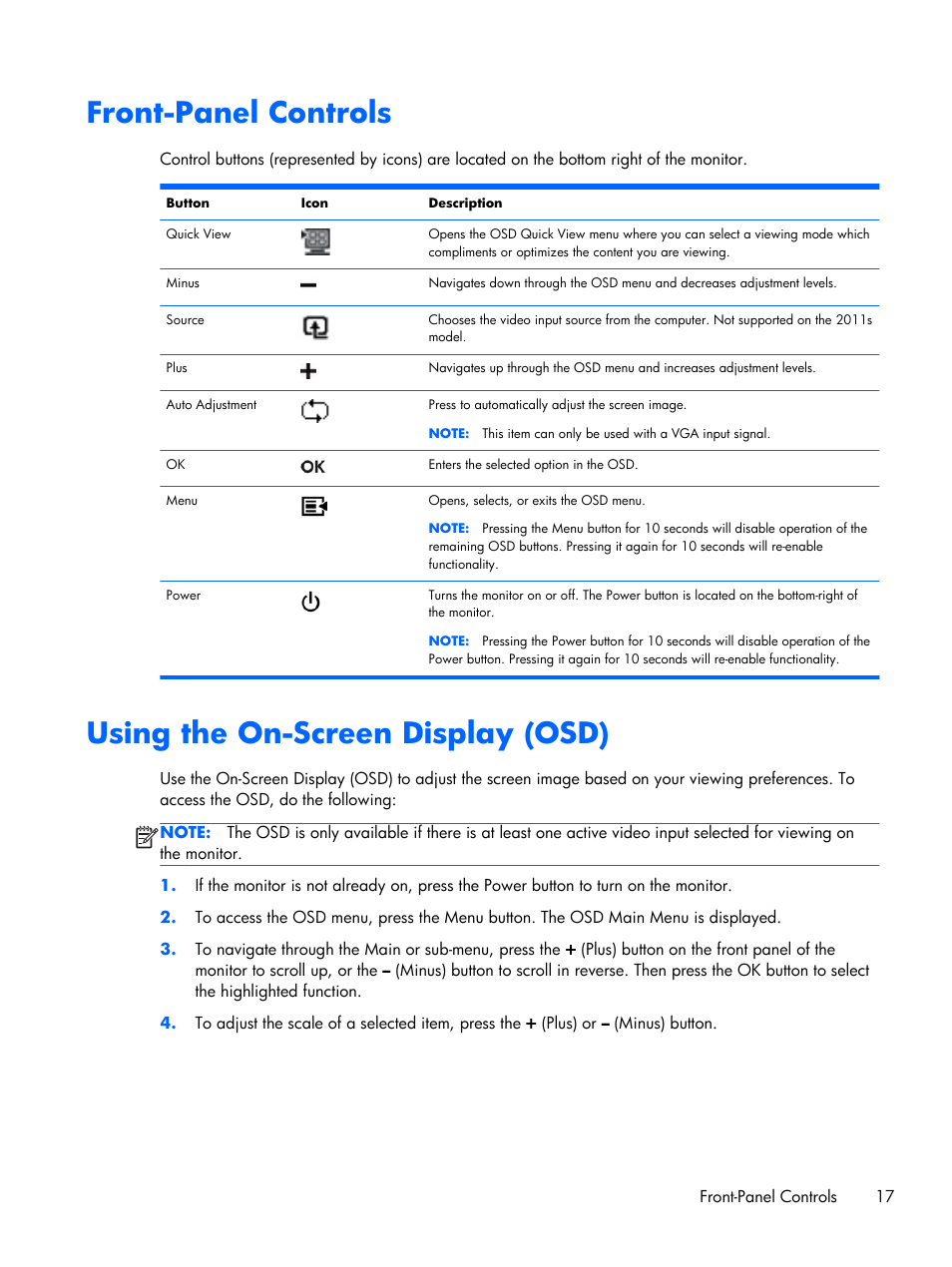 Front-panel controls, Using the on-screen display (osd) | HP 2011x 20-inch LED Backlit LCD Monitor User Manual | Page 23 / 42