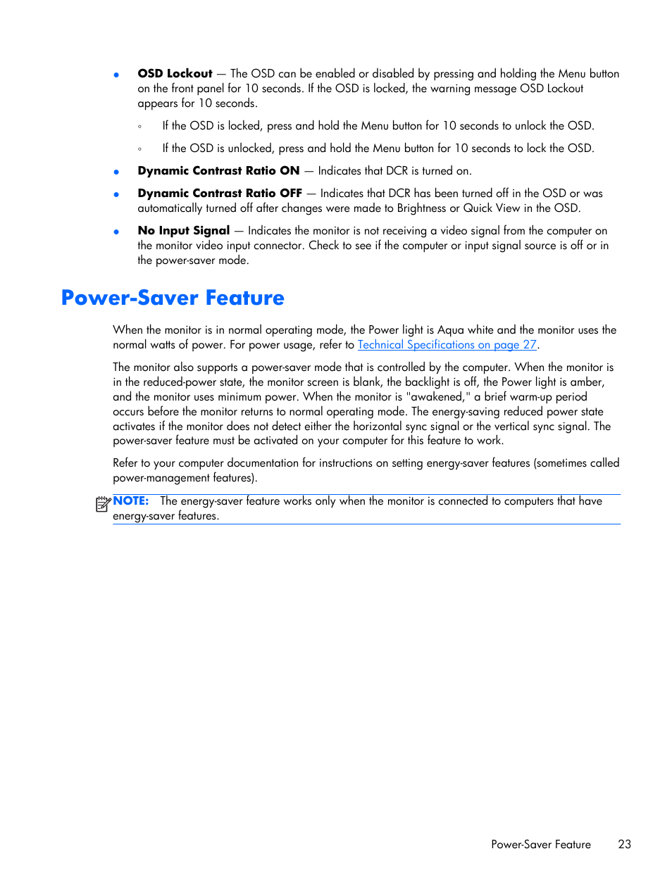 Power-saver feature | HP 2011x 20-inch LED Backlit LCD Monitor User Manual | Page 29 / 42
